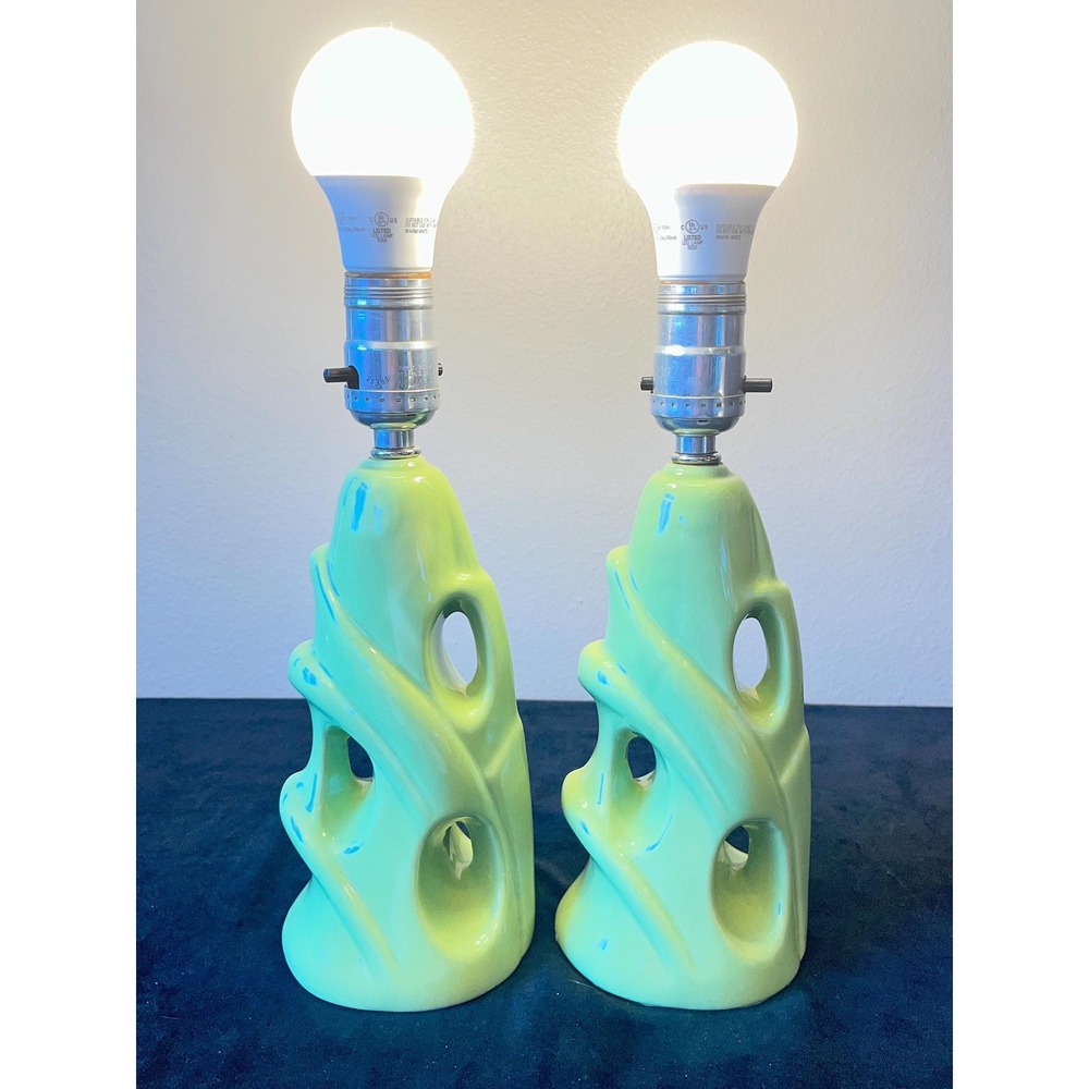 Vintage MCM Chartreuse Ceramic Table Lamps Pair Atomic Sculptural Retro Green